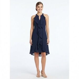 Kensie Womens 6 Navy Blue Ruffle Halter Neck Cocktail Dress Gold Accent Wedding